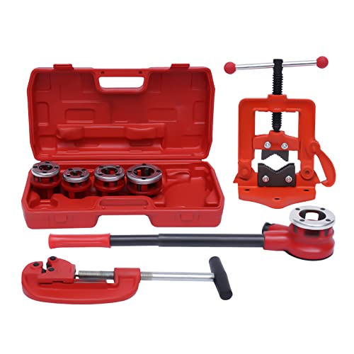 ZAWAYINE Handheld Pipe Threader Ratchet Kit W/5 Stock Dies Set, Portable Manual Ratcheting BSPT Pipe Threading Tool Set, Portable Pipe Die Set 3/8",1/2",3/4",1",1-1/4"