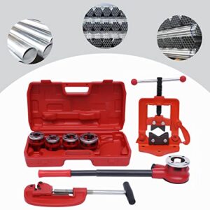 ZAWAYINE Handheld Pipe Threader Ratchet Kit W/5 Stock Dies Set, Portable Manual Ratcheting BSPT Pipe Threading Tool Set, Portable Pipe Die Set 3/8",1/2",3/4",1",1-1/4"