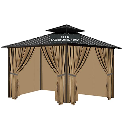 Gazebo Universal Replacement Privacy Curtain, 10'X12' Gazebo Curtains Outdoor Waterproof, 4-Panels Sidewall Curtains with Zipper for Patio, Garden and Backyard (Only Curtains, 10'X12', Brown)