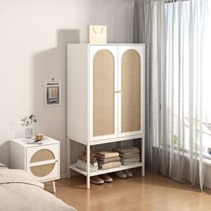 qeiuzon wardrobe closet, rattan freestanding wardrobe cabinet with storage cubes & hanging rod, bedroom armoire clothes organizer, 2-doors-white
