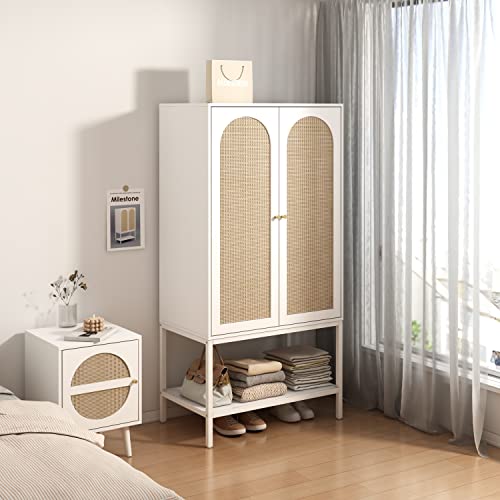 QEIUZON Wardrobe Closet, Rattan Freestanding Wardrobe Cabinet with Storage Cubes & Hanging Rod, Bedroom Armoire Clothes Organizer, 2-Doors-White