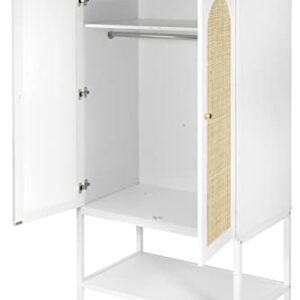 QEIUZON Wardrobe Closet, Rattan Freestanding Wardrobe Cabinet with Storage Cubes & Hanging Rod, Bedroom Armoire Clothes Organizer, 2-Doors-White