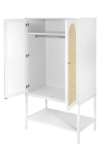 QEIUZON Wardrobe Closet, Rattan Freestanding Wardrobe Cabinet with Storage Cubes & Hanging Rod, Bedroom Armoire Clothes Organizer, 2-Doors-White