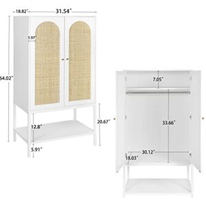 QEIUZON Wardrobe Closet, Rattan Freestanding Wardrobe Cabinet with Storage Cubes & Hanging Rod, Bedroom Armoire Clothes Organizer, 2-Doors-White