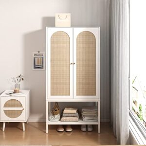 QEIUZON Wardrobe Closet, Rattan Freestanding Wardrobe Cabinet with Storage Cubes & Hanging Rod, Bedroom Armoire Clothes Organizer, 2-Doors-White