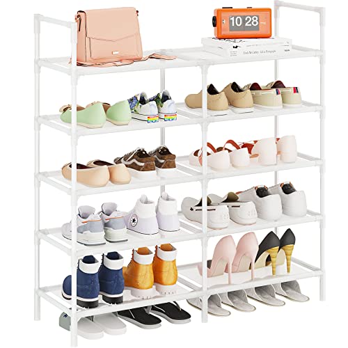 Calmootey 5-Tier Shoe Rack Double Row Storage Organizer,20-25 Pairs Shoe Storage Shelf for Entryway,Living Room,White