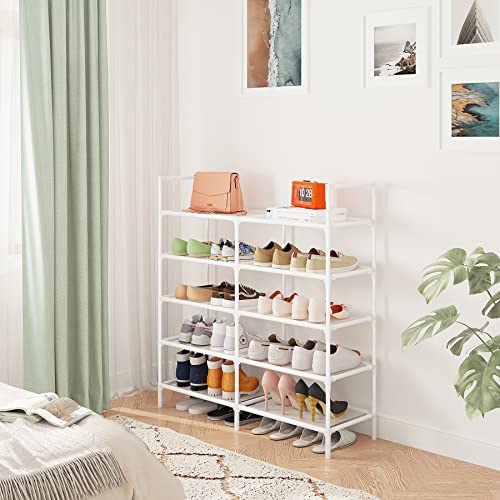 Calmootey 5-Tier Shoe Rack Double Row Storage Organizer,20-25 Pairs Shoe Storage Shelf for Entryway,Living Room,White