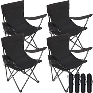4 pack folding camping chairs with carrying bag portable lawn chairs lightweight beach chairs outdoor collapsible chair with mesh cup holder for travel outside camp beach fishing sports (black)