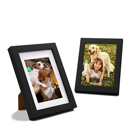 YUEYEE 5x7 Picture Frame 2 Packs - Black Solid Wood Picture Frames,Display Photo 3x5 inch with Mat, 5x7 inch without Mat,Photo Frames for Wall or Tabletop