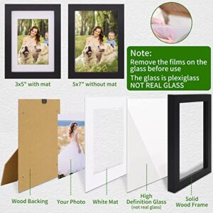 YUEYEE 5x7 Picture Frame 2 Packs - Black Solid Wood Picture Frames,Display Photo 3x5 inch with Mat, 5x7 inch without Mat,Photo Frames for Wall or Tabletop