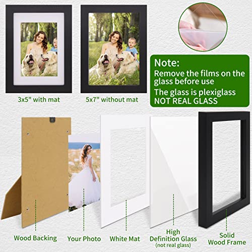 YUEYEE 5x7 Picture Frame 2 Packs - Black Solid Wood Picture Frames,Display Photo 3x5 inch with Mat, 5x7 inch without Mat,Photo Frames for Wall or Tabletop