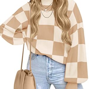 ZESICA Women's 2023 Fall Fashion Turtleneck Long Sleeve Striped Ribbed Knit Loose Pullover Sweater Tops,KhakiPlaid,Small