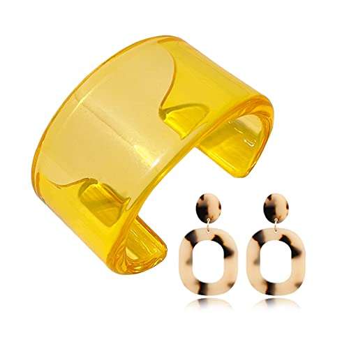 Trendy Acrylic Bracelets Earrings Summer Jewelry Sets for Women Girls-Summer Beach Resin Cuff Bangles Bracelet Fashion Earrings Set for Vacation Jewelry (Yellow)