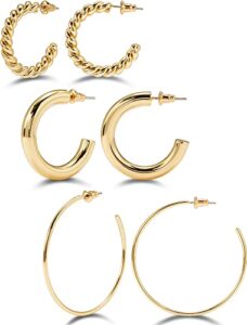 gold hoop earrings set women: 14k plated hypoallergenic open chunky jewelry girls large thick - big thin lightweight stainless steel golden loop earring pack (gold)