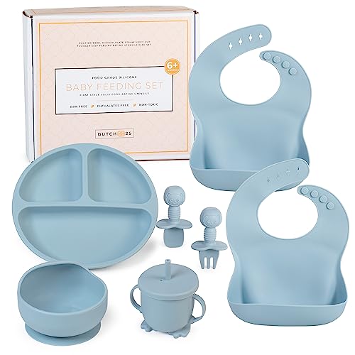 DUTCH 25 Baby Led Weaning - with bibs,divided,plate,bowl, sippy cup fork and spoon. Baby dishes- Silicone utensils for developmental milestones in self-feeding