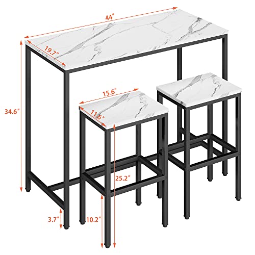 Yongchuang 3 Piece Bar Table Set, Bar Table and Chairs Set of 2, Modern Counter Height Table with 2 Stools for Kitchen, Dining Room, Living Room Breakfast Table White Faux Marble Wood Top