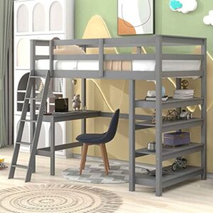 dnyn twin size high loft bed for kids,solid wood bedframe with one desk & four shelves & angle ladder & safety guardrail for boys and girls,no box spring needed,79.7"x63.4"x68.3", gray