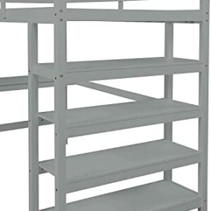 DNYN Twin Size High Loft Bed for Kids,Solid Wood Bedframe with One Desk & Four Shelves & Angle Ladder & Safety Guardrail for Boys and Girls,No Box Spring Needed,79.7"x63.4"x68.3", Gray