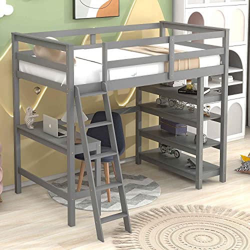 DNYN Twin Size High Loft Bed for Kids,Solid Wood Bedframe with One Desk & Four Shelves & Angle Ladder & Safety Guardrail for Boys and Girls,No Box Spring Needed,79.7"x63.4"x68.3", Gray