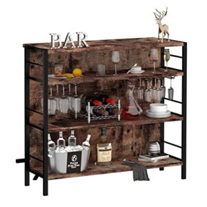 PAKASEPT Home Bar Unit, Industrial Liquor Bar Cabinet Table with Stemware Racks Storage and Footrest, Freestanding Mini Bar Wine Cabinet for Home Kitchen Pub