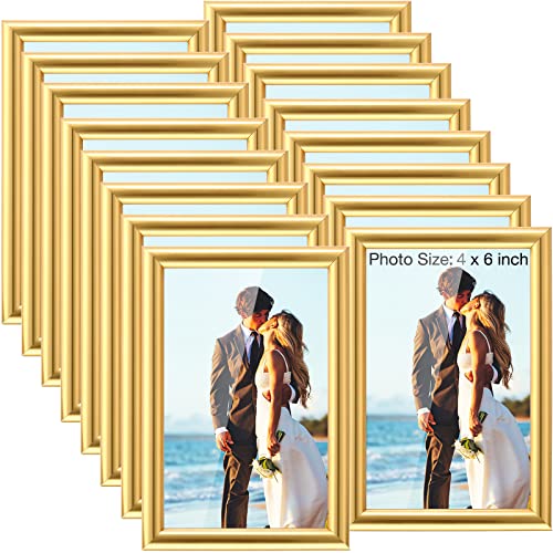 Kathfly 16 Pcs Picture Frames Simple Designed Photo Frames Modern Gold Frames for Pictures with Resin Glass for Wall Mount Tabletop Display Home Office Hotel Decoration (4 x 6 Inch)