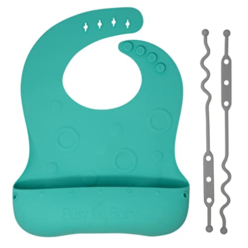 BUSY BABY Bungee Bib | Silicone Bib for Babies & Toddlers with Tethers | Attach Utensils and Keep Them Off The Floor | Dishwasher Safe, BPA Free (Spearmint)