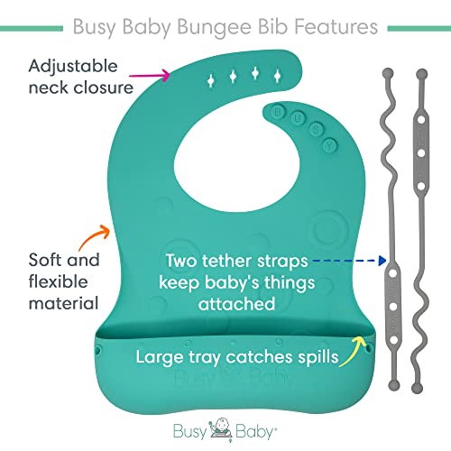 BUSY BABY Bungee Bib | Silicone Bib for Babies & Toddlers with Tethers | Attach Utensils and Keep Them Off The Floor | Dishwasher Safe, BPA Free (Spearmint)