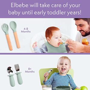 elbebe Silicone Baby Feeding Set - 7pcs Baby Led Weaning Supplies w/Strong Suction Cup - Baby Feeding Supplies, Baby Eating Supplies, Silicone Baby Plates and Bowls Set (Sea Mist Green)