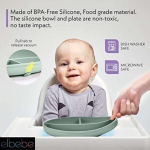 elbebe Silicone Baby Feeding Set - 7pcs Baby Led Weaning Supplies w/Strong Suction Cup - Baby Feeding Supplies, Baby Eating Supplies, Silicone Baby Plates and Bowls Set (Sea Mist Green)