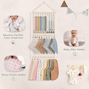 POVETIRE Pacifier Clip Holder Baby Bibs Organizer, Neutral Baby Bandana Drool Bibs Holder - Baby Burp Cloths Organizer Storage Hanging Wall Decor for Nursery Newborn Infant Girls and Boys Room