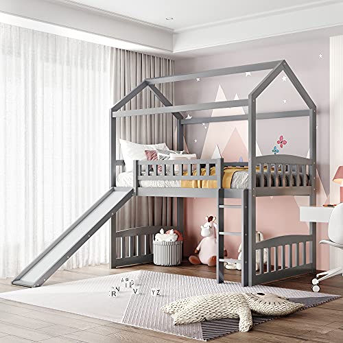 MOEO Twin Size House Loft Bed with Convertible Slide, Wood Bedroom Bedframe for Kids, Bedroom, Home, No Box Spring Need, Grey