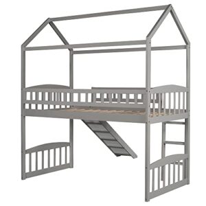 MOEO Twin Size House Loft Bed with Convertible Slide, Wood Bedroom Bedframe for Kids, Bedroom, Home, No Box Spring Need, Grey