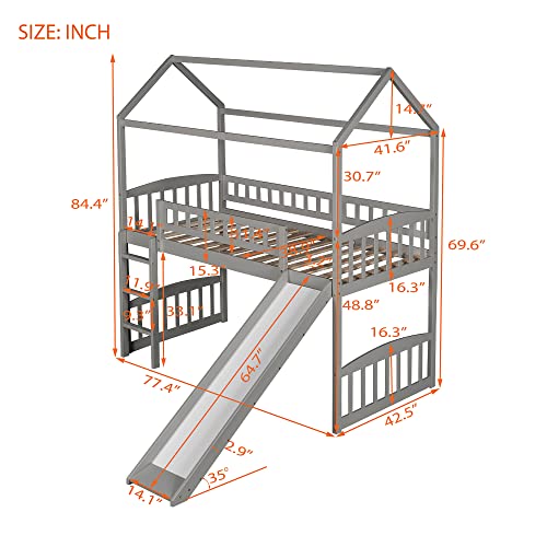 MOEO Twin Size House Loft Bed with Convertible Slide, Wood Bedroom Bedframe for Kids, Bedroom, Home, No Box Spring Need, Grey