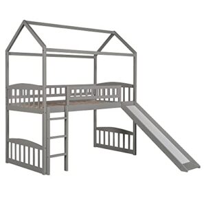 MOEO Twin Size House Loft Bed with Convertible Slide, Wood Bedroom Bedframe for Kids, Bedroom, Home, No Box Spring Need, Grey