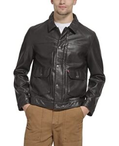 levi's men's lightweight trucker shirt jacket, dark brown faux leather