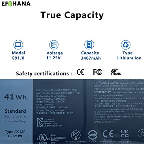 EFOHANA G91J0 41Wh Laptop Battery Replacement for Dell Latitude 3320 3330 3420 3520 Inspiron 3510 3511 3515 5310 5410 5418 5510 5515 5518 14 Plus 7420 7415 2-in-1 Vostro 5620 5625 V6W33 TN70C