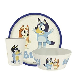 zak designs bluey kids dinnerware set 3 pieces, durable and sustainable melamine bamboo plate, bowl, and tumbler are perfect for dinner time with family (bluey, bingo, bandit, chilli)