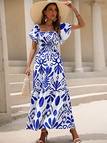 MakeMeChic Women's Floral Print Layered Short Sleeve Square Neck Ruffle High Waist A Line Summer Long Dress Blue and White XL