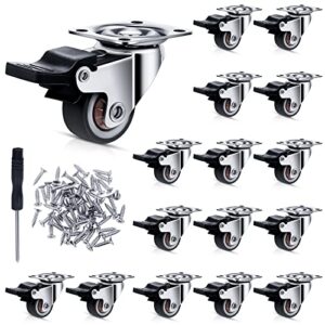 16 pcs 1'' low profile caster wheels with screwdriver, screws and top plate swivel caster wheels rubber locking casters with brake, silent mute small wheels for furniture, brown
