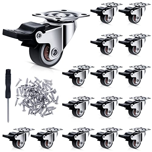 16 Pcs 1'' Low Profile Caster Wheels with Screwdriver, Screws and Top Plate Swivel Caster Wheels Rubber Locking Casters with Brake, Silent Mute Small Wheels for Furniture, Brown