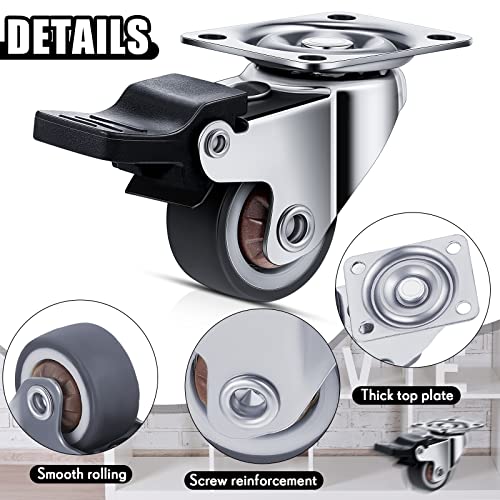 16 Pcs 1'' Low Profile Caster Wheels with Screwdriver, Screws and Top Plate Swivel Caster Wheels Rubber Locking Casters with Brake, Silent Mute Small Wheels for Furniture, Brown