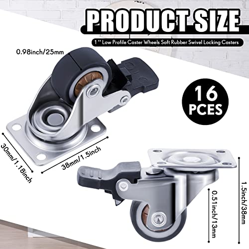 16 Pcs 1'' Low Profile Caster Wheels with Screwdriver, Screws and Top Plate Swivel Caster Wheels Rubber Locking Casters with Brake, Silent Mute Small Wheels for Furniture, Brown