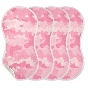 Kigai Girly Pink Camo Muslin Baby Burp Cloths, Large Absorbent Cotton Muslin Burp Cloths Set of 4, Washcloths, Face Towel, Bibs for Newborn Boys Girls, 11 x22 Inch