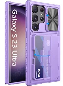 vihibii wallet phone case for samsung galaxy s23 ultra 5g with slide camera protection cover, built-in card holder (4 cards) & kickstand, shockproof rugged 6.8" 2023, purple