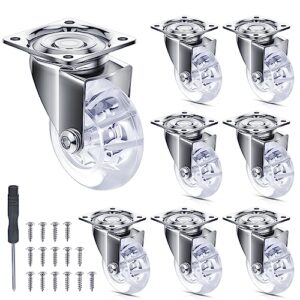 8 pcs swivel caster wheels for furniture 2 inch clear swivel wheels heavy duty pu casters cabinet wheels with 360 degree furniture wheels top plate, 16 screws and 1 screwdrivers for table bench office