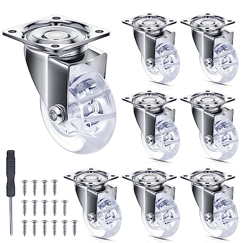 8 Pcs Swivel Caster Wheels for Furniture 2 Inch Clear Swivel Wheels Heavy Duty PU Casters Cabinet Wheels with 360 Degree Furniture Wheels Top Plate, 16 Screws and 1 Screwdrivers for Table Bench Office