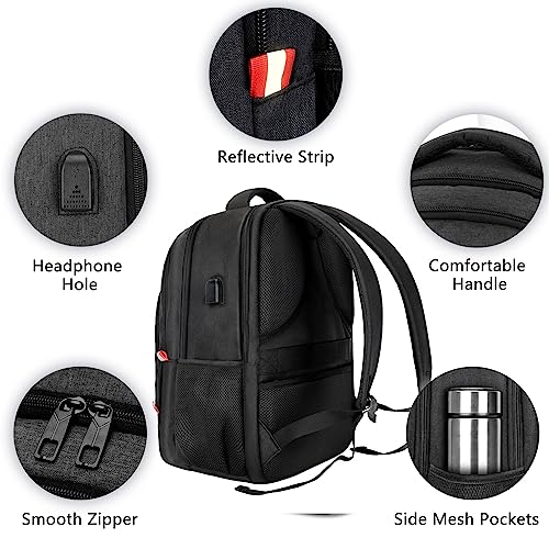 Skaypibs Backpack for Men Women, School Backpack, Travel Work Business Backpacks with USB Charging Port, College Backpack Anti-Theft Water Resistant School Bookbag, Fits 15.6 Inch Computer, Black