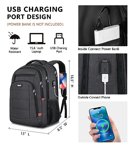 Skaypibs Backpack for Men Women, School Backpack, Travel Work Business Backpacks with USB Charging Port, College Backpack Anti-Theft Water Resistant School Bookbag, Fits 15.6 Inch Computer, Black