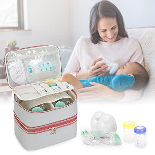 Damero Wearable Breast Pump Bag with Cooler Compatible with Elvie and Willow Breast Pump, Double Layer Carrying Case with Detachable Design and Waterproof Mat for Wearable Breast Pumps and Extra Parts