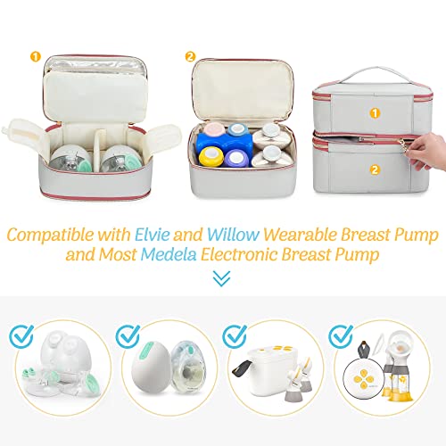 Damero Wearable Breast Pump Bag with Cooler Compatible with Elvie and Willow Breast Pump, Double Layer Carrying Case with Detachable Design and Waterproof Mat for Wearable Breast Pumps and Extra Parts